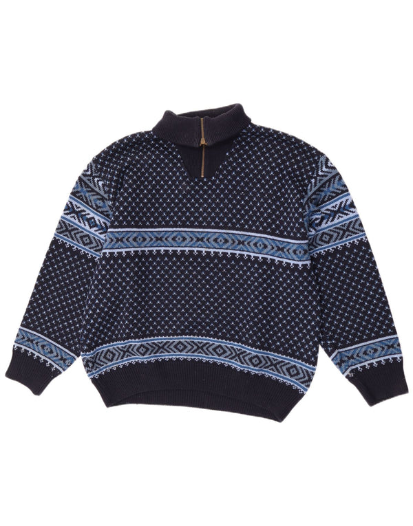 Vintage Herren-Pullover mit Reißverschluss, groß, Marineblau, Fair-Isle-Merinowolle