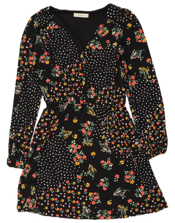 Oasis Damen Langarm-A-Linien-Kleid UK 6 XS Schwarz geblümtes Polyester