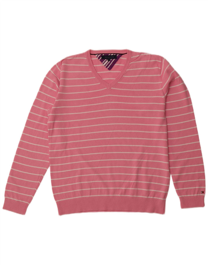 TOMMY HILFIGER Herren-Pullover mit V-Ausschnitt, groß, rosa gestreift, Baumwolle