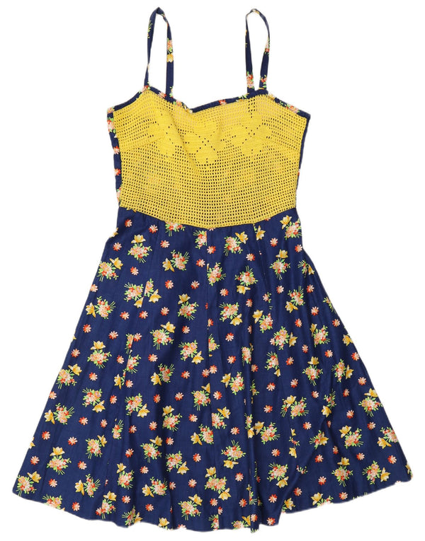 Vintage Damen ärmelloses A-Linien-Kleid UK 10 Small Navy Blue Floral