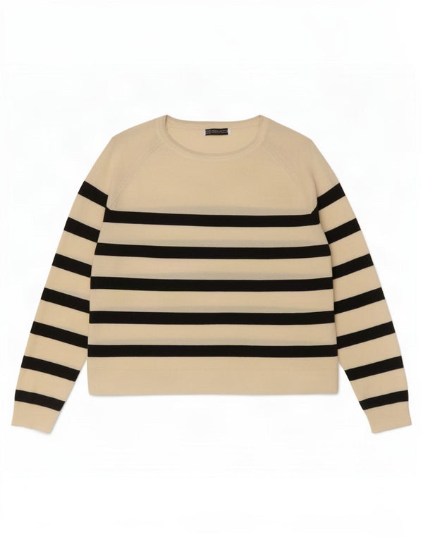 Zara Damen-Pullover mit Rundhalsausschnitt, Gr. 44, groß, cremefarbene, gestreifte Viskose