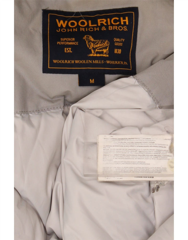 Woolrich Wattierter Damenmantel mit Kapuze, UK 14, mittelgraue Baumwolle