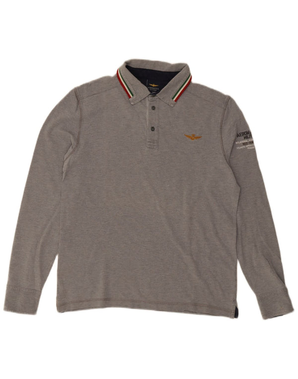 Aeronautica Militare Herren-Poloshirt mit Grafik, langärmelig, groß, aus grauer Baumwolle