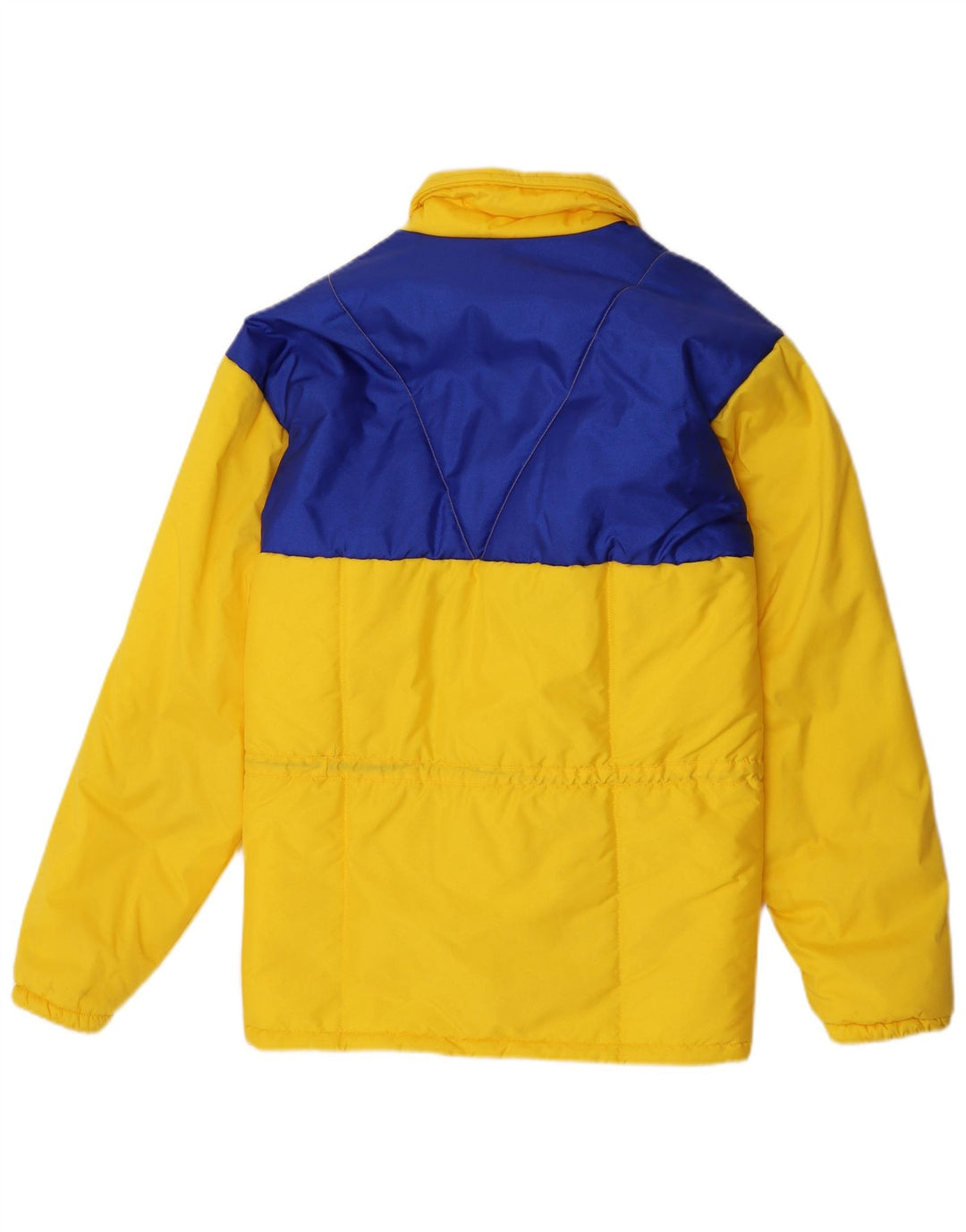 Wattierte Vintage-Herrenjacke mit Kapuze, IT 48, mittelgelbes Colourblock-Polyamid