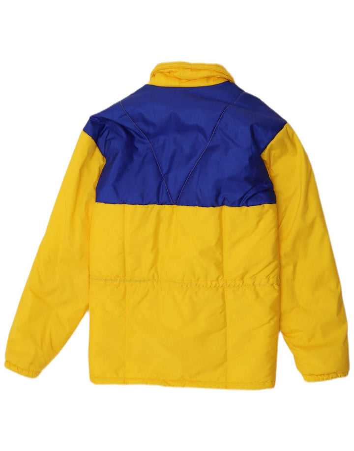 Wattierte Vintage-Herrenjacke mit Kapuze, IT 48, mittelgelbes Colourblock-Polyamid