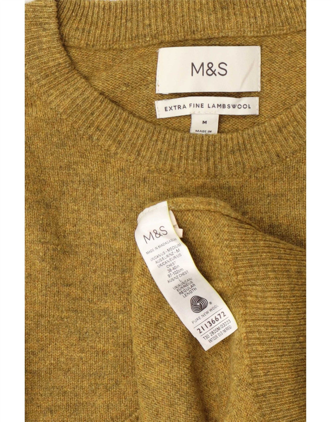 Marks & Spencer Herren-Pullover mit Rundhalsausschnitt, mittelgelb gesprenkelte Wolle