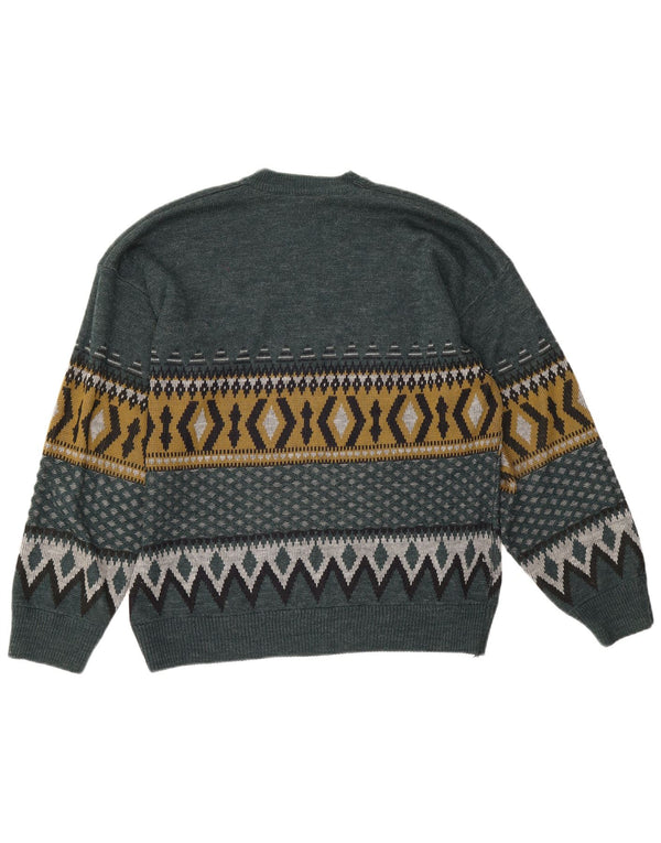 Vintage Mens Crew Neck Jumper Sweater Large Green Geometric