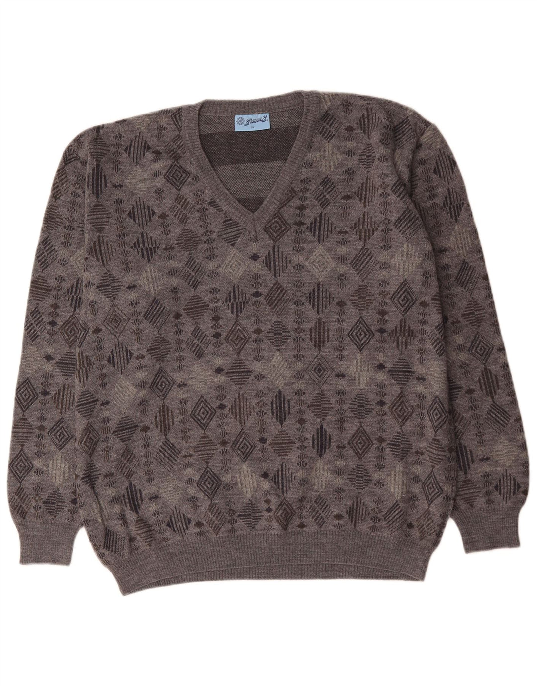 VINTAGE Herren V-Ausschnitt Pullover Pullover XL Grau Geometrisch