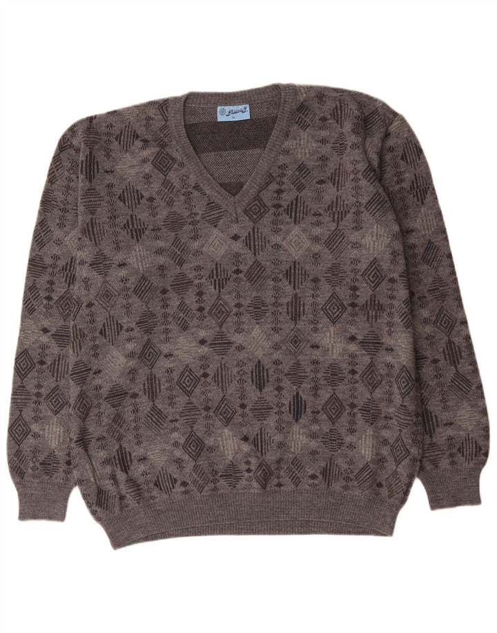 VINTAGE Herren V-Ausschnitt Pullover Pullover XL Grau Geometrisch