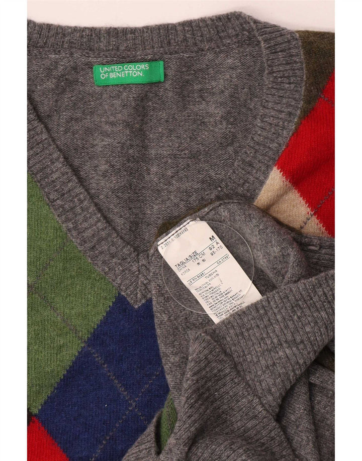 Benetton Herren-Pullover mit V-Ausschnitt, mittelgraue Argyle-/Diamantwolle