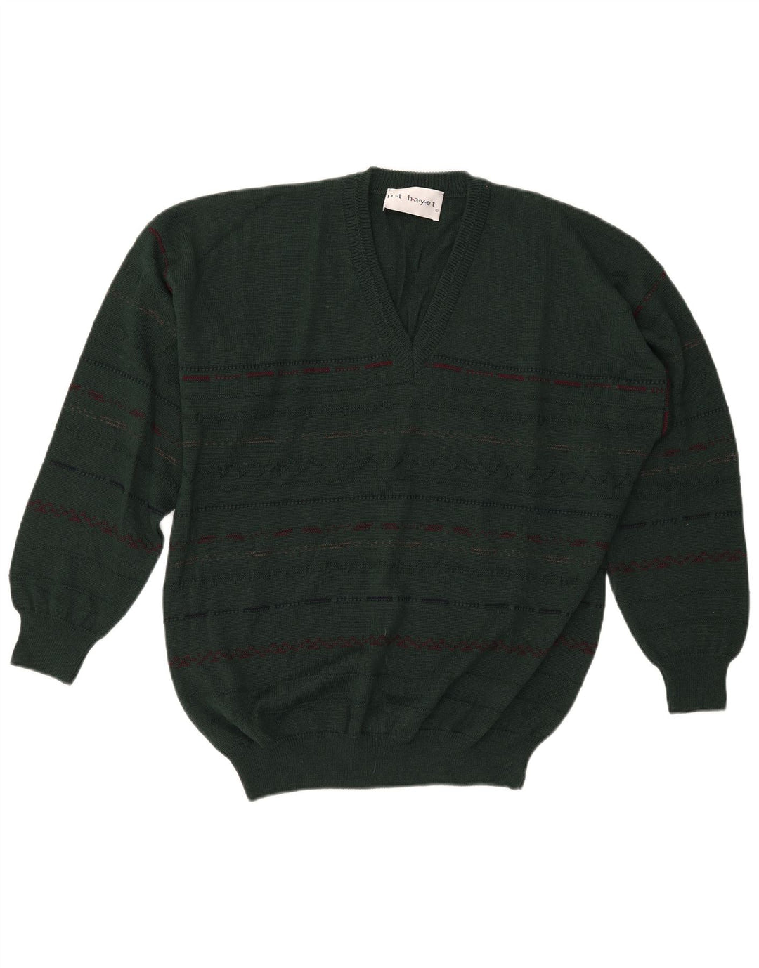 Pit Hayet Herren-Pullover mit V-Ausschnitt IT 50 mittelgrün gestreifte Wolle