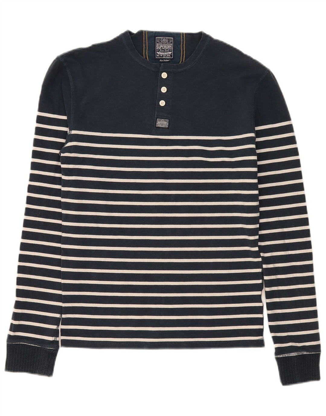 Superdry Herren-Oberteil, langärmelig, mittelmarineblau, gestreift, Baumwolle, normal