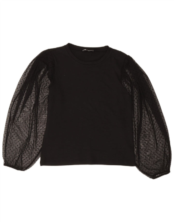Zara Damen Langarm-Blusenoberteil UK 10 Small Schwarz gepunktetes Polyester