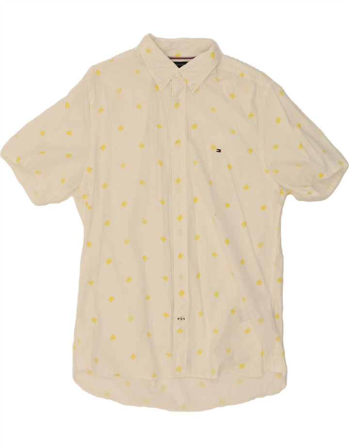TOMMY HILFIGER Mens Regular Fit Graphic Shirt Large White Floral Vintage Tommy Hilfiger and Second-Hand Tommy Hilfiger from Messina Hembry 