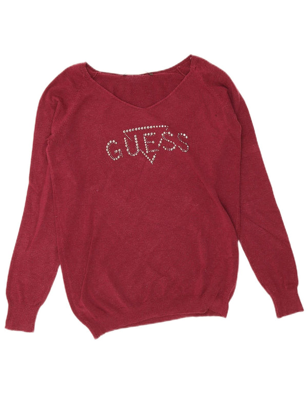 Guess Damen-Pullover mit grafischem V-Ausschnitt, UK 10, Größe S, Burgunderrot, Modal