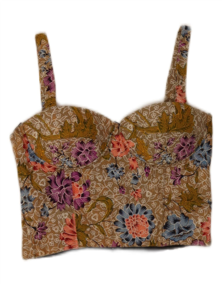 Vintage Damen Crop Cami Top UK 12 Medium Khaki Floral