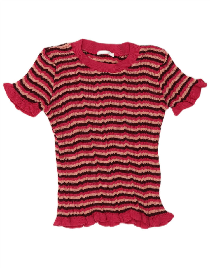 Zara Damen T-Shirt Top UK 8 Small Rosa gestreift Polyester