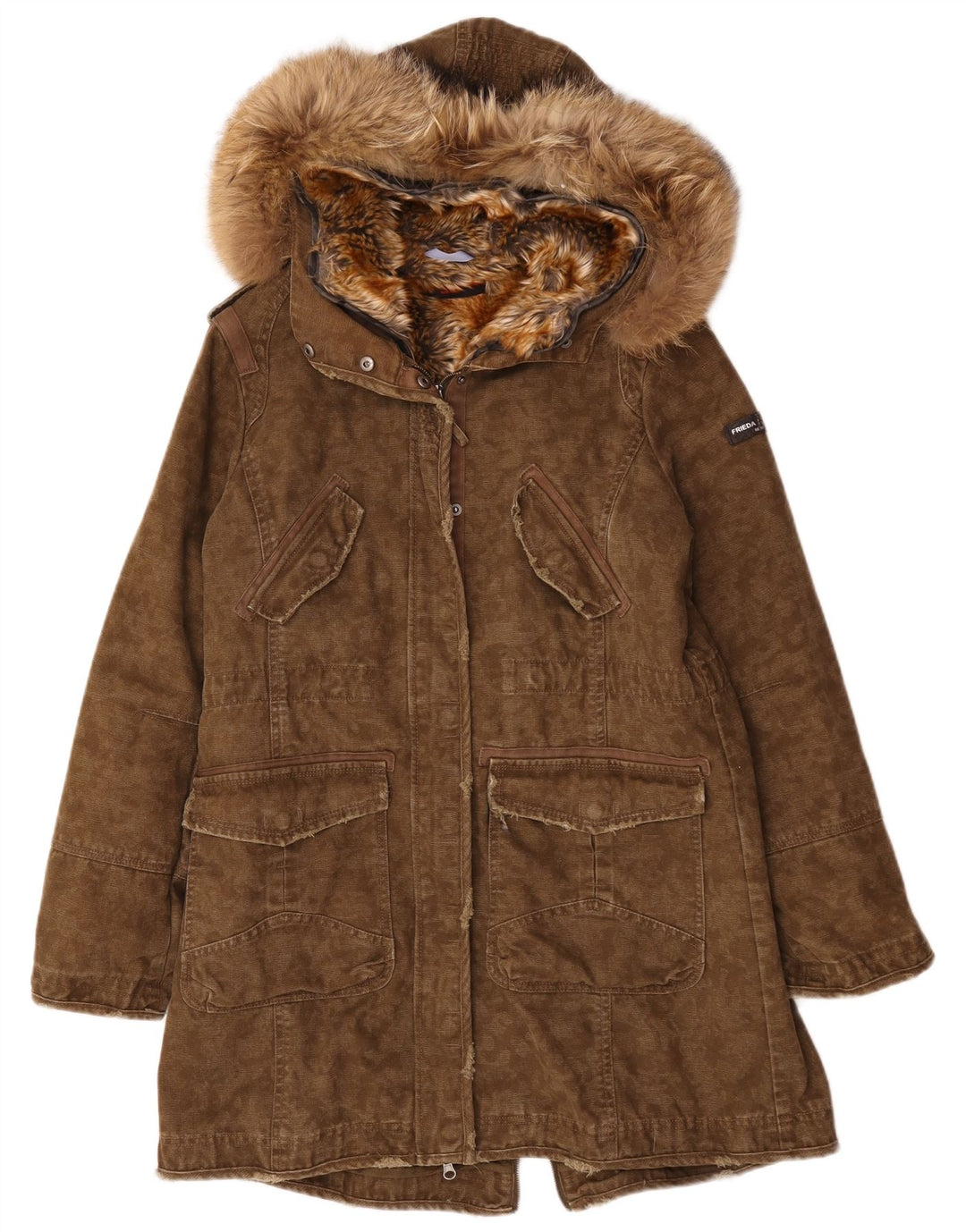 Frieda & Freddies Damen-Parkajacke mit Kapuze, EU 40, mittlere Khaki-Baumwolle