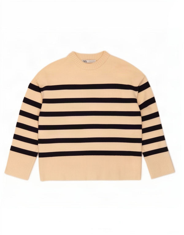 Zara Damen-Pullover mit Rundhalsausschnitt, UK 14, mittlere, cremefarbene, gestreifte Viskose