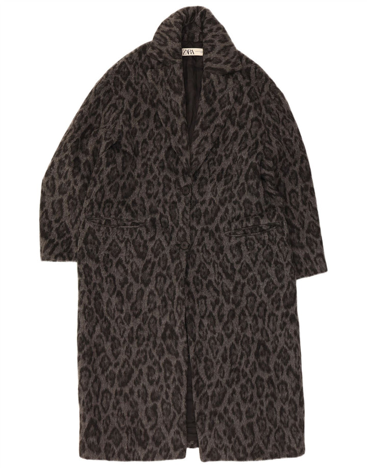 Zara Damen Übergroßer Mantel UK 6 XS Graue Wolle mit Animal-Print