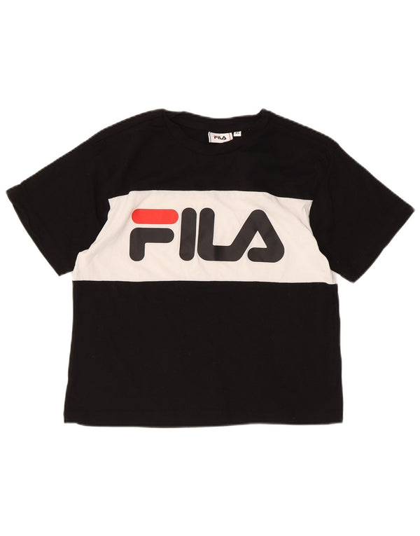 Fila Damen Crop Graphic T-Shirt Top UK 6 XS Schwarz Colourblock Baumwolle