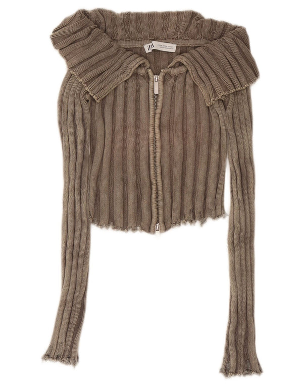 Zara Damen Crop Cardigan Pullover UK 4 XS Braun
