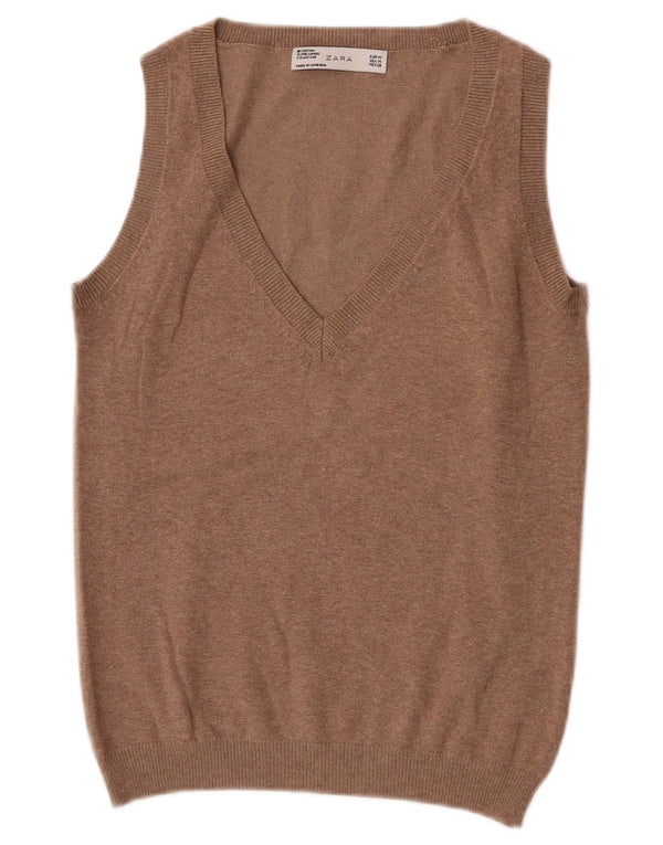 Zara Damen Weste Tank Top UK 12 Mittelbraun gefleckte Baumwolle