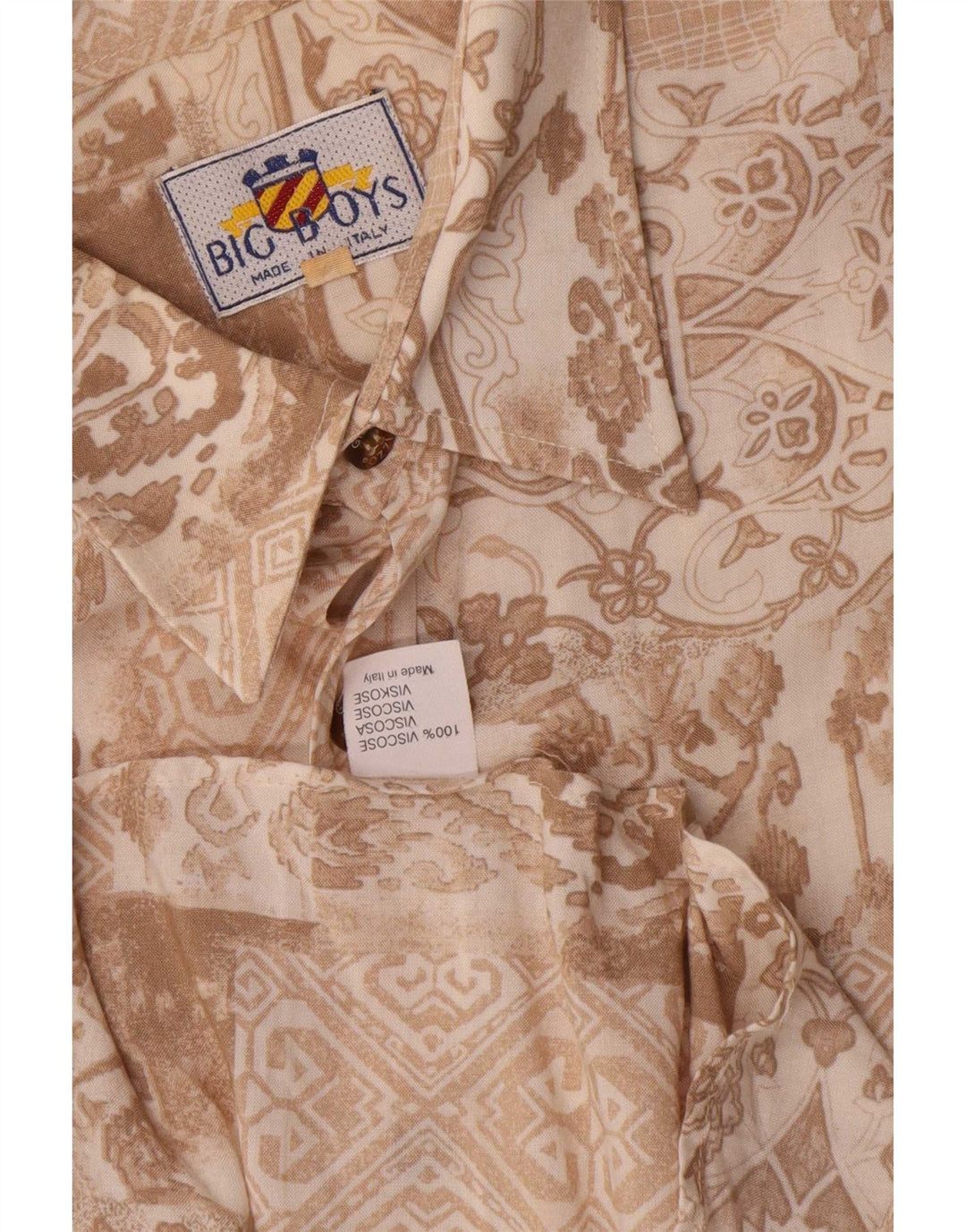 Vintage Herren Kurzarmhemd Mittelbraun Blumen Viskose