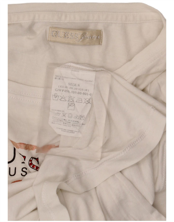 Guess Damen-Top mit Grafik, langärmlig, UK 10, Größe S, weiße Baumwolle
