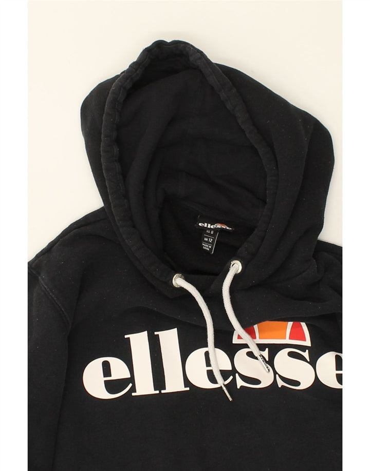 ELLESSE Womens Graphic Hoodie Jumper UK 12 Medium  Black Cotton | Vintage Ellesse | Thrift | Second-Hand Ellesse | Used Clothing | Messina Hembry 