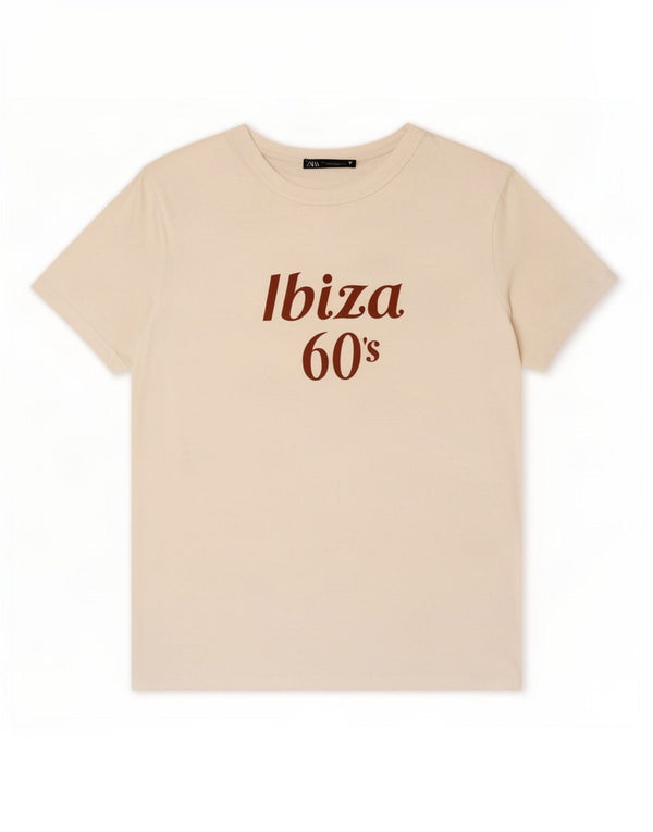 Zara Womens Ibiza Graphic T-Shirt Top UK 16 Large Weiße Baumwolle