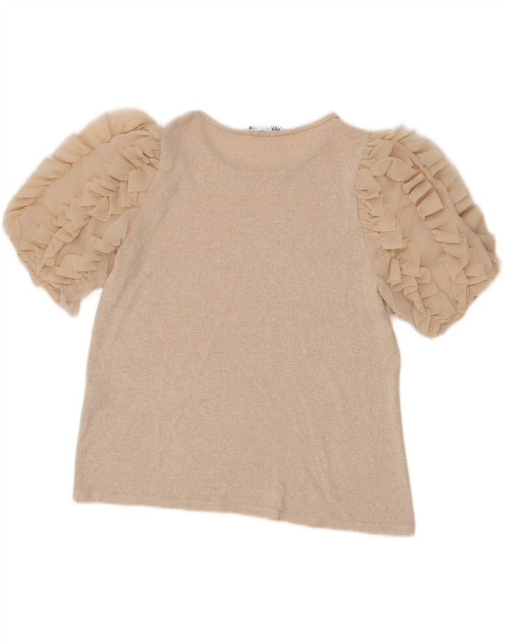 Zara Damen Bluse Top UK 14 Large Beige Viskose