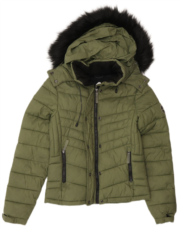 Superdry Wattierte Jacke mit Kapuze für Damen, UK 8, Small, grünes Nylon