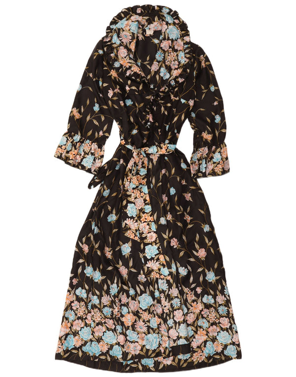Vintage Damen Langarm Robe Maxikleid IT 44 Mittelschwarz geblümt