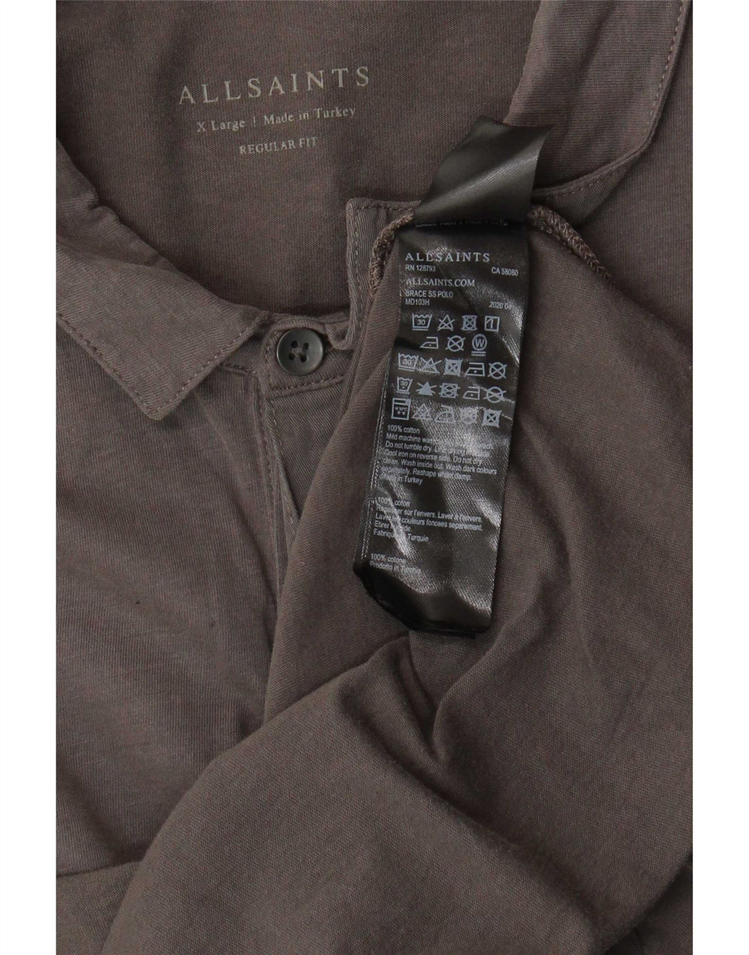 All Saints Herren-Poloshirt mit normaler Passform, XL, graue Baumwolle