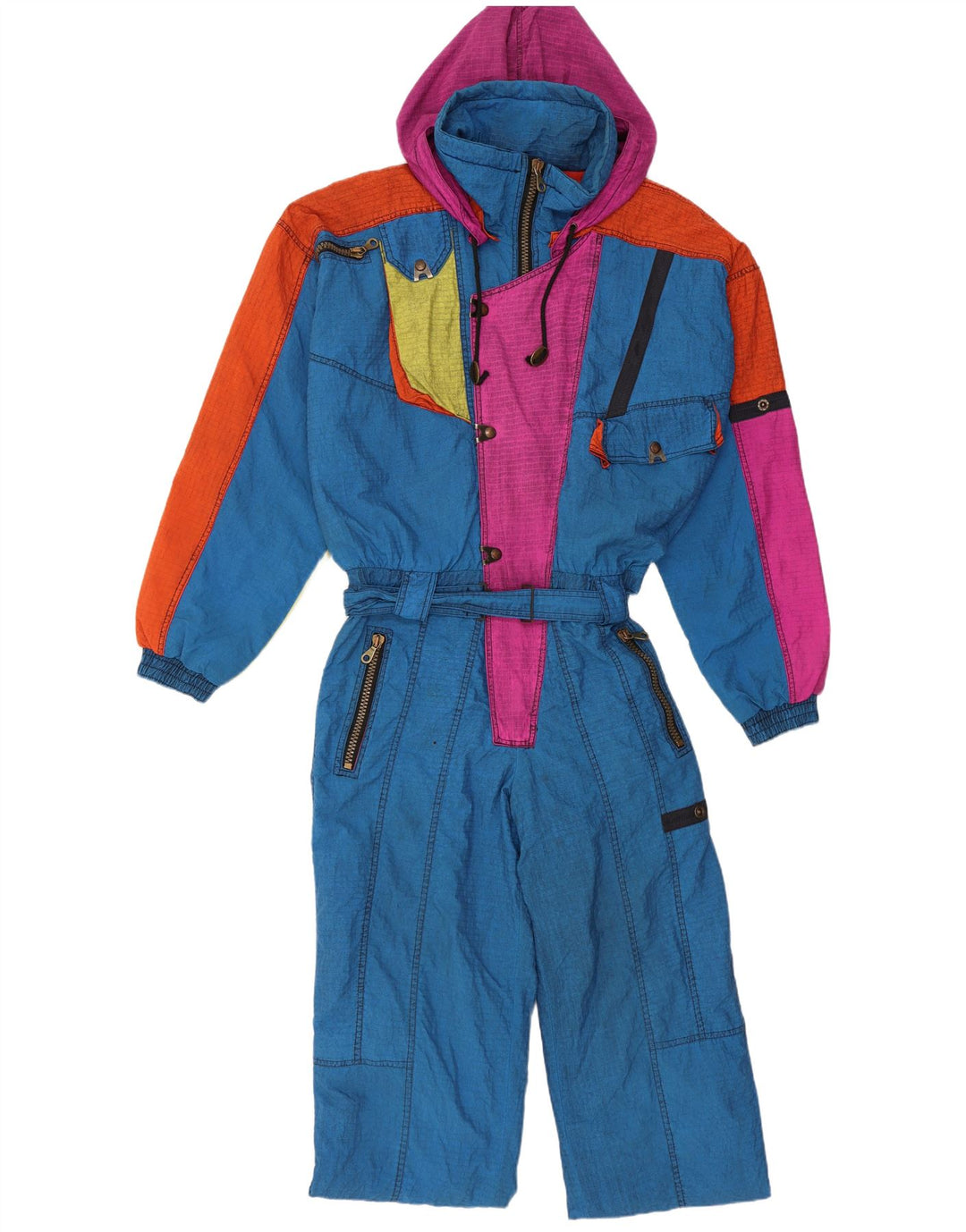 Vintage Herren-Skioverall mit Kapuze, IT 52, großes blaues Colourblock-Polyamid