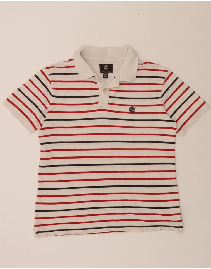 TIMBERLAND Mens Regular Fit Polo Shirt Large White Striped Cotton Vintage Timberland and Second-Hand Timberland from Messina Hembry 