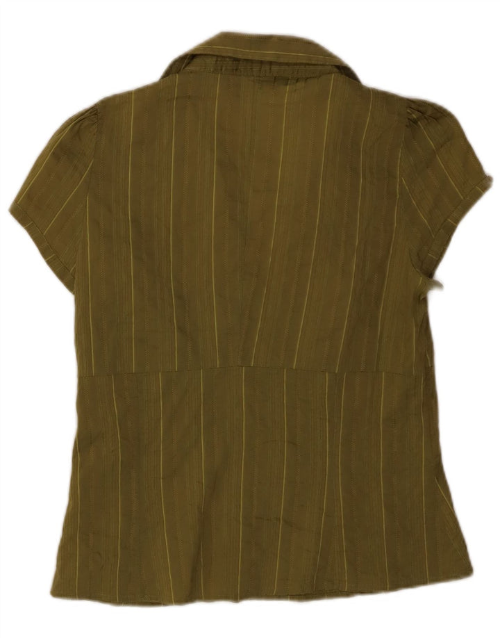 ZARA Damen Kurzarm-Pullover-Hemd UK 14 Große Khaki-gestreifte Baumwolle