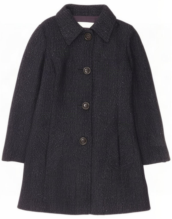 Intrend Womens 4 Button Overcoat UK 12 Medium Navy Blue Chevron Virgin Wool
