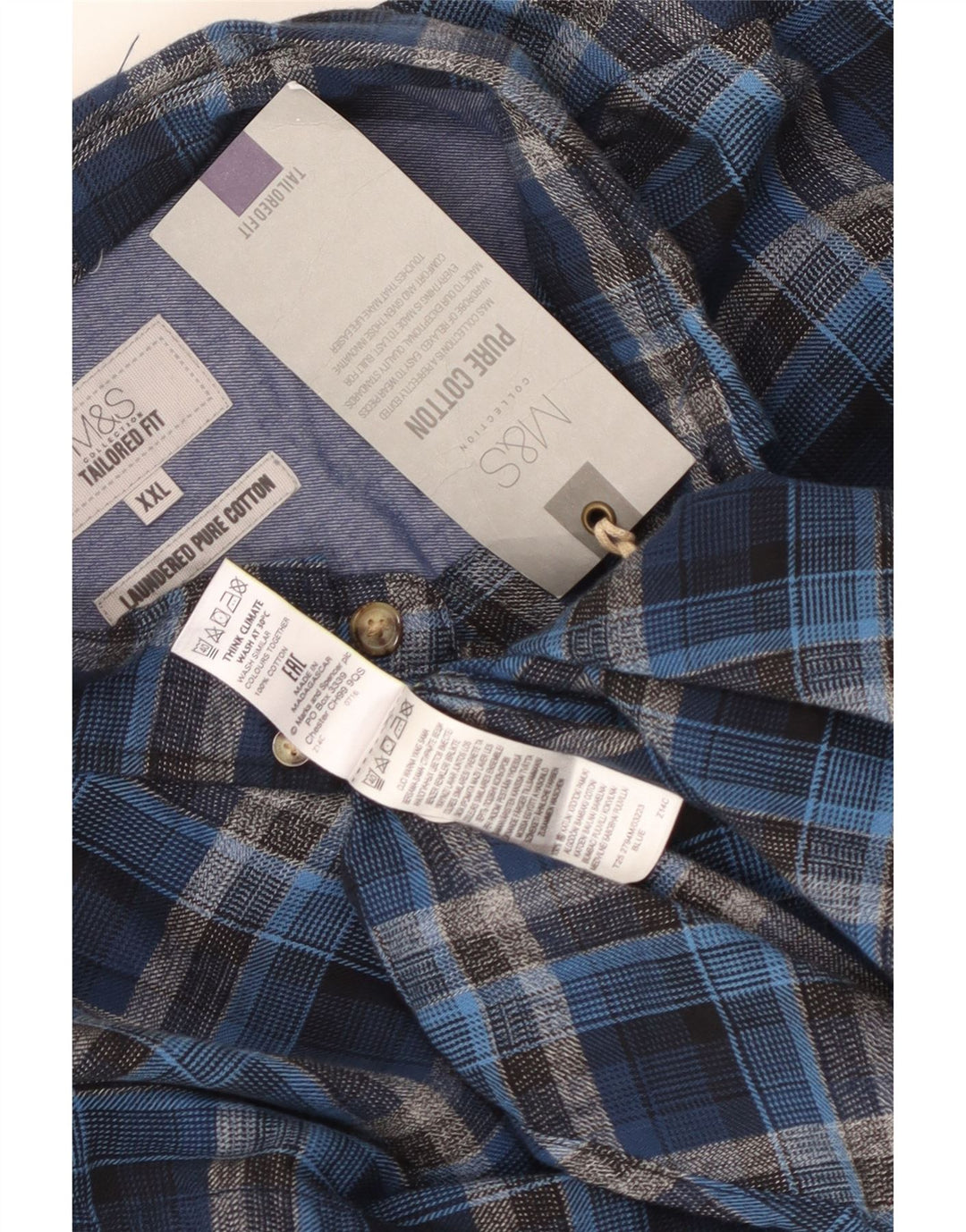 MARKS & SPENCER Herren-Flanellhemd mit maßgeschneiderter Passform, 2XL, blau kariert, Baumwolle