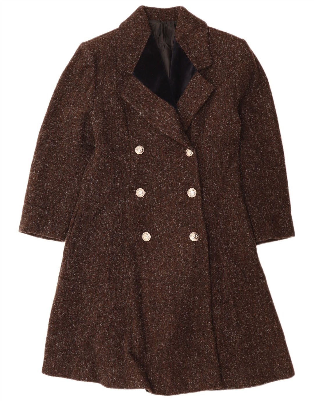 VINTAGE Zweireihiger Damenmantel UK 12 Mittelbraun gesprenkelte Wolle