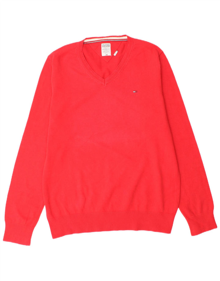 Tommy Hilfiger Herren-Pullover mit V-Ausschnitt, XL, rote Baumwolle