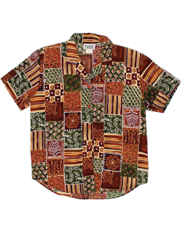 VINTAGE Womens Short Sleeve Shirt Blouse UK 16 Large Brown Patchwork Vintage Vintage and Second-Hand Vintage from Messina Hembry 