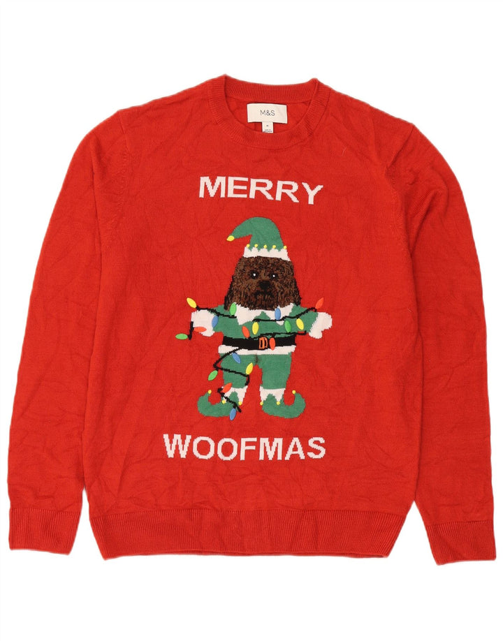 Marks & Spencer Herren-Pullover mit grafischem Rundhalsausschnitt, mittelrot, Weihnachten
