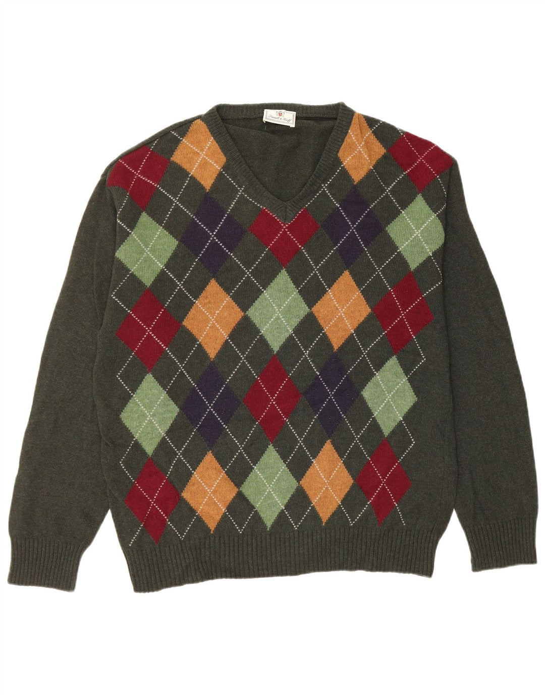 VINTAGE Herren-Pullover mit V-Ausschnitt, Mittelgrüne Argyle/Diamant-Schurwolle