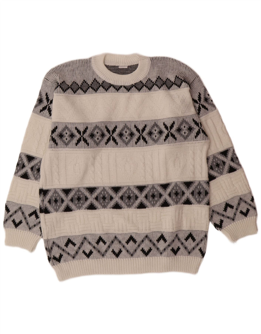 VINTAGE Herren-Pullover mit Rundhalsausschnitt, groß, weiß, Fair Isle