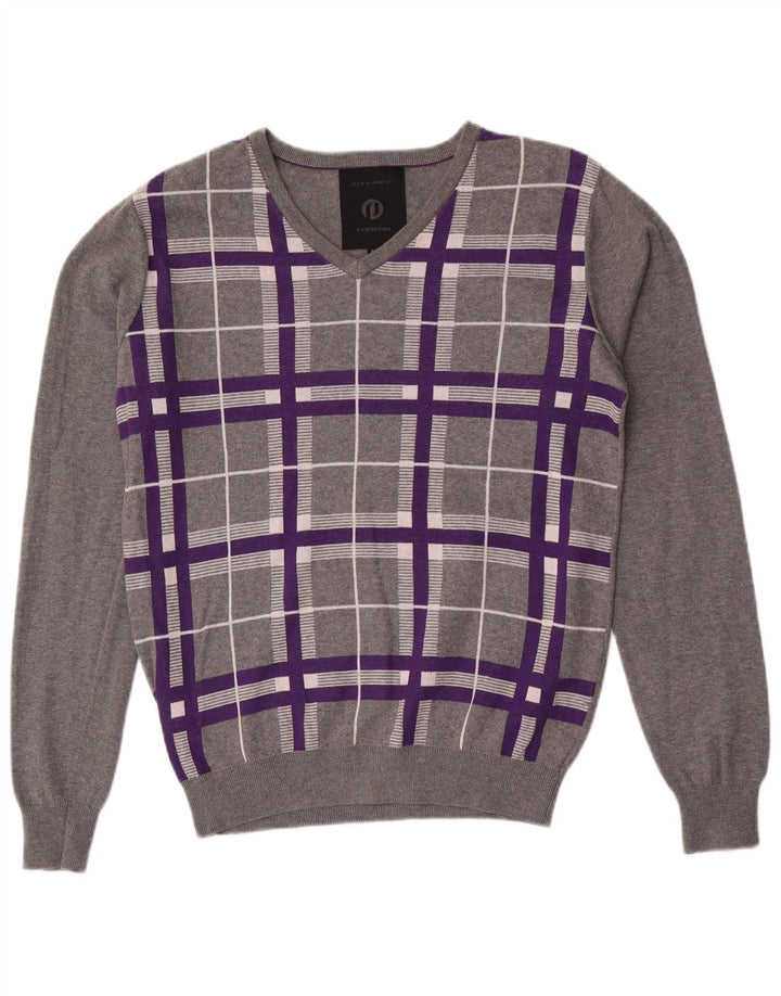 Jack & Jones Herren-Pullover mit V-Ausschnitt, klein, grau kariert, Baumwolle