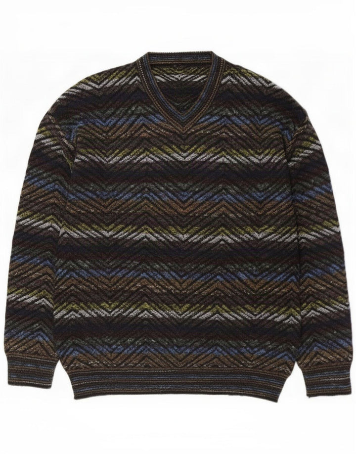 Vintage Herren Pullover mit V-Ausschnitt, groß, mehrfarbig, geometrisch