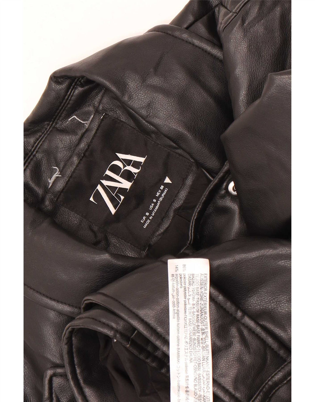 Zara Damen Crop Kunstleder Bikerjacke UK 10 Small Schwarz Polyester