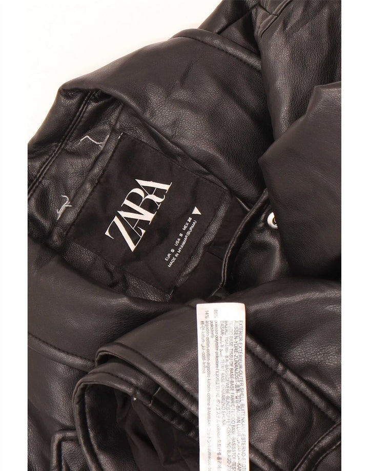 Zara Damen Crop Kunstleder Bikerjacke UK 10 Small Schwarz Polyester